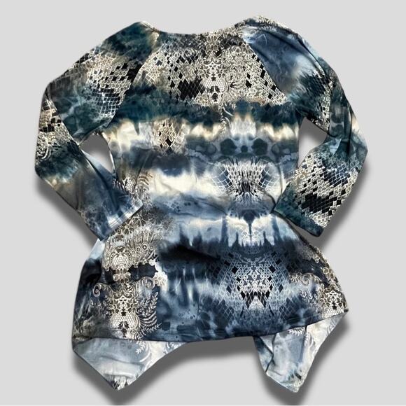 TIE DYE RHINESTONE BLING EMBELLISHED HANDKERCHIEF HEM LONG SLEEVE TOP - M - Picture 2 of 5